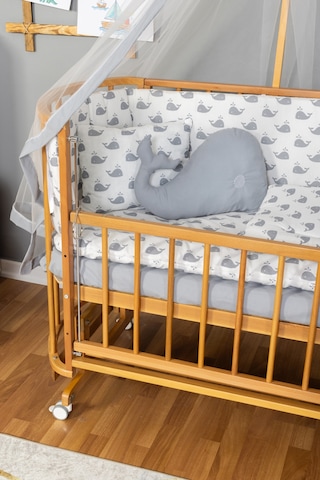 Ahşap Beşik Anne Yanı Beşik Doğal Vernikli 60x120 Gri Balina Uyku Seti Yatak Tekerlekli Ahşap