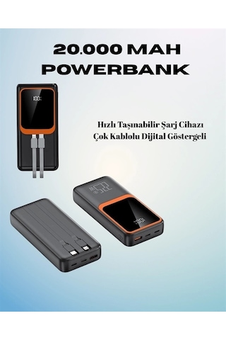 20000 Mah Powerbank Çok Kablolu, Dijital Göstergeli, Yüksek Hızlı Şarj Cihazı Çok Renkli