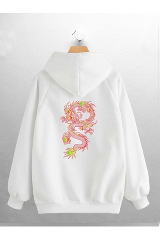 Macklin Unisex Kadın Erkek Kırmızı Ejder Baskılı Sweatshirt Beyaz Mck0669 Beyaz