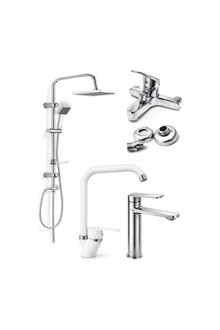 4'lü Beyaz Krom Full Set Banyo Bataryası Lavabo Ve Mutfak Bataryası Robot Duş Seti Diğer
