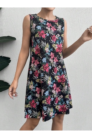 Kadın Renkli Çiçek Baskılı Süprem Elbise Lacivert