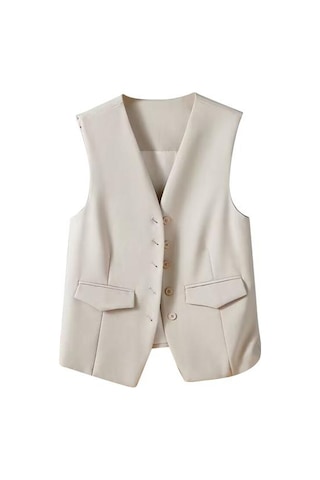 Kadın İş Yelek V Yaka Kolsuz Düz Renk Tek Göğüslü İşe Gidip Gelme Tarzı Hırka Takım Elbise Ceket Bej