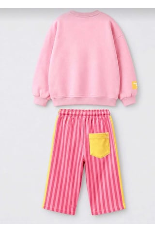 Moda Kız Çocuk 2'li Eşofman Takımı Pembe Sweatshirt Çizgili Pantolon Günlük Spor Takım