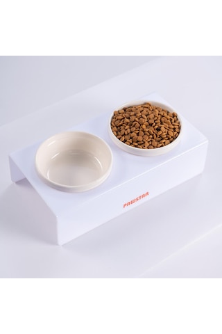 Beyaz İkili Seramik-pleksi Mama Ve Su Kabı-kedi Köpek Mama Su Kabı