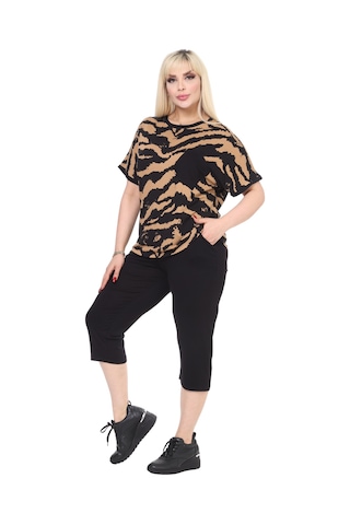 Melsay Butik Siyah Zebra Desen Çapraz Cep Detaylı Kapri Takım Siyah