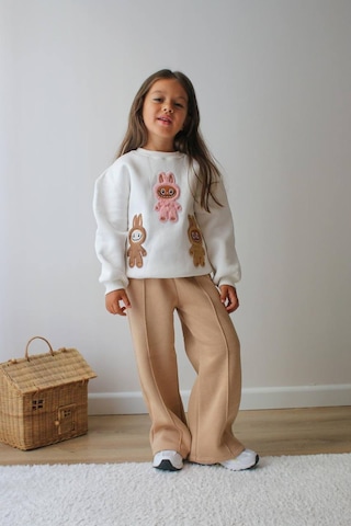 Kız Çocuk 3 İplik Şardonlu Peluş Baskı Detaylı Sweatshirt - Eşofman Alt Üst Takım 3riple Ekru