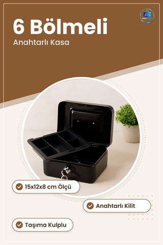 Kasa Anahtarlı Metal Para Kutusu 15x12x8 Cm 6 Bölmeli Taşıma Kulp