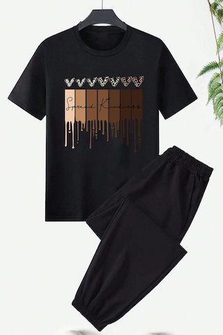 Unisex Leopar Kalp Baskılı Eşofman Takımı Siyah