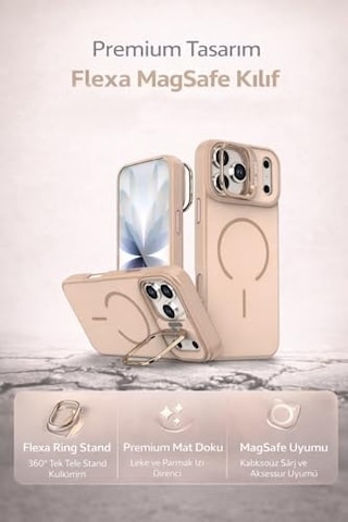 Apple iPhone 17 Pro Max İle Uyumlu Kilif Magsafe İle Uyumlu Kılıf Stand Özellikli Mıknatıslı Flexa Yüzük Tutuculu Iphone 17 Pro Max İçin Kılıf Darbe Emici Mat Arka Kapak Koruyucu Kılıf Beyaz