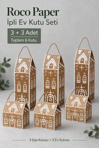 Yılbaşı Ev Temalı İpli Hediye Kutusu Ve Şişelik Seti - 6 Adet 3+3 , Yeniyıl Kurabiye Ev Temalı Set