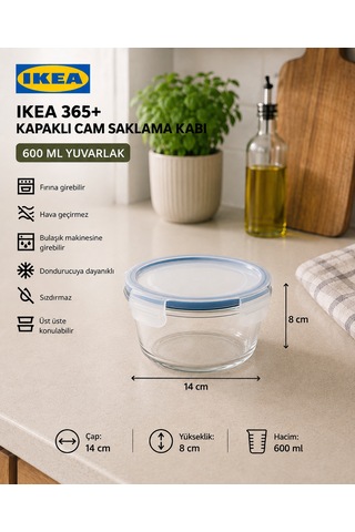Trev Saklama Kabı Cam 600 Ml Yuvarlak Vakumlu Sızdırmaz Hava Geçirmez Plastik Kapaklı Şeffaf Gıda Saklama Kabı