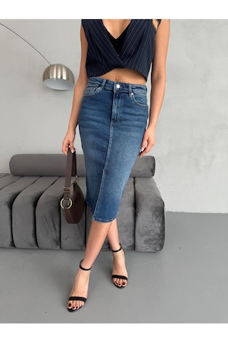 Zeo Basic Yırtmaçlı Midi Boy Jean Etek Mavi+taşlamalı