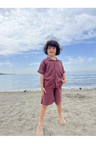 Kolları Nakışlı Gömlek Şort Keten Erkek Çocuk Takım Mürdüm Mürdüm