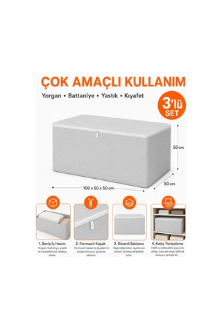 Hurç Seti Yorgan Hurcu 3 Lü Hurç Büyük Boy Battaniye Kıyafet Saklama Baza Altı Dolap İçi Organizer Gri