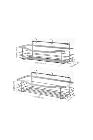 Hfambition Sus304 Paslanmaz Çelik Duş Dolabı, Delme Yok, 5 Kanca, Su Geçirmez Duş/ Mutfak Düzenleyici Rafı 2 Adet Gümüş