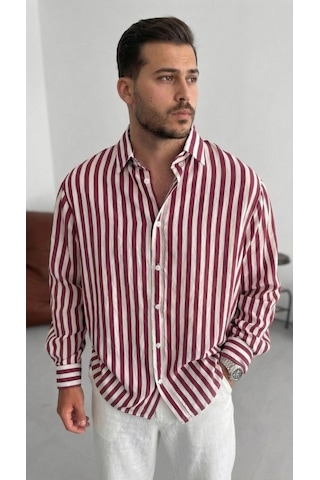 Valensdesign Erkek Dikey Çizgili Yarım Oversize Gömlek Bord