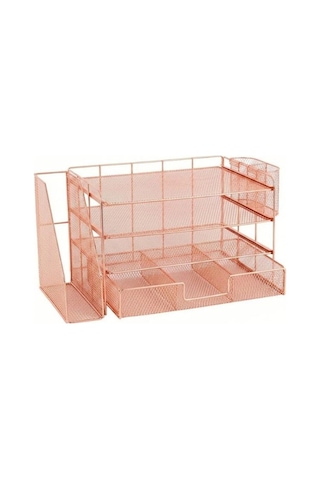 Temel Rose Gold Metal Mesh 3 Katlı Masaüstü Organizer Dosyalık Çekmeceli Kalemlikli 33x22x23 Cm 9533