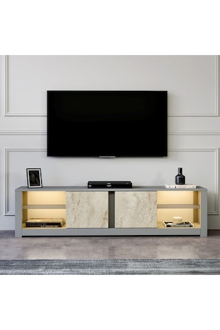 Aydos LED Işıklı Modern TV Sehpası – Cam Raflı, 2 Kapaklı, 180 cm, Gri/Traverten