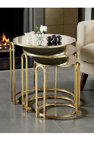4 Lü Bronz Ayna Gold Metal Ayaklı Ayna Lenka Model Sehpa Takımı Zigon Ve Orta Altın