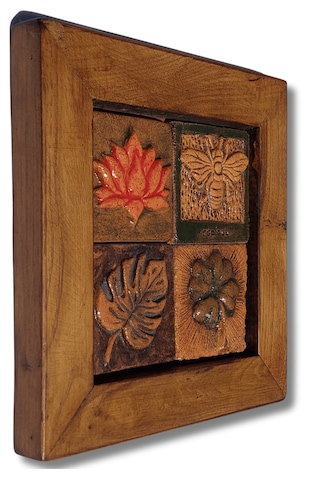 Rustik Bohem El Yapımı Seramik Duvar Panosu Ahşap Çerçeveli Dekor 23x23 Cm
