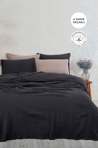 %100 Pamuk Müslin Yatak Örtüsü Tek Kişilik 4 Katlı Battaniye 2 Parça Müslin Pike Seti Siyah Siyah