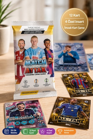 Topps Match Attax 25/26 Uefa Futbol Koleksiyon Kartı 1 Adet Sürpriz Paket 12 Kart 4 Özel Insert