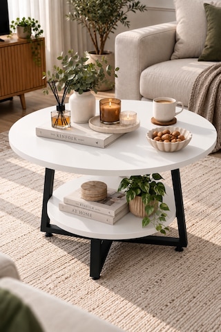 Yuvarlak Orta Sehpa 69,5 Cm İki Katlı Raflı Metal Ayaklı Modern Dekoratif Salon Sehpası Beyaz