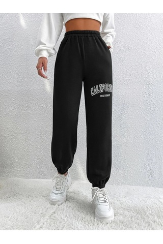 Unisex Rahat Kalıp California Baskılı Paçası Lastikli Eşofman Alt Siyah