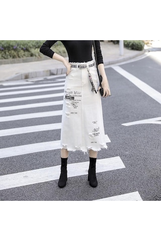 Kadın Ön Delik Kot Etek Yaz Uzun Etekler Yüksek Bel Kot Etek Artı Boyutu Beyaz