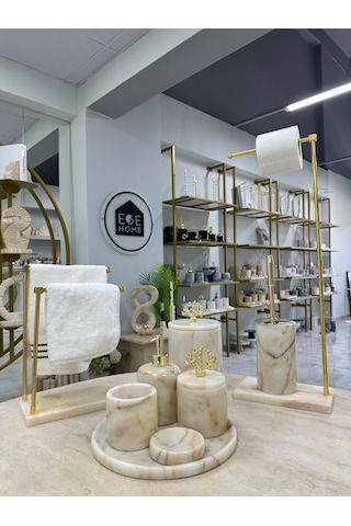Dekoratif Doğal Şeker Mermer 9 Parça Gold Mercan Banyo Seti