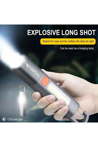 Jeehugo Usb Şarjlı Cob Yan Işıklı Fener, Çıkışlı Odak Ayarı, Outdoor Kamp İçin Dayanıklı Abs Kanca Feneri Gri