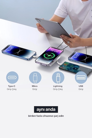 Magsafe Powerbank 10000 Mah Standlı Hızlı Taşınabilir Iphone 11 12 13 14 15 16 17 Samsung Uyumlu Mavi
