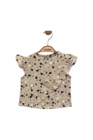 Kız Bebek Bluzu Fırfırlı Çiçek Desenli Şort Takım-13867 Bej