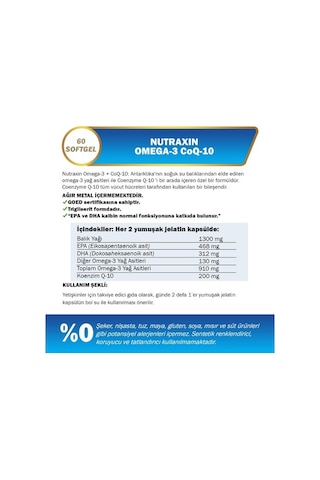 Nutraxin Omega 3 + Coq-10 60 Yumuşak Kapsül