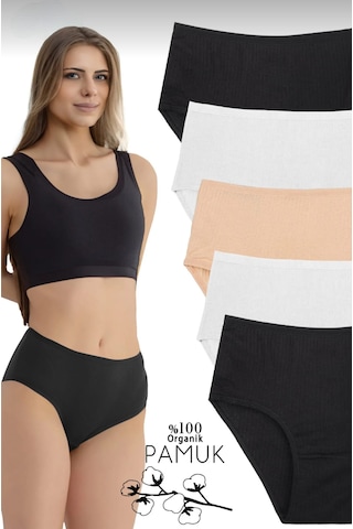 Qulothes Kadın Fitilli Ribana Pamuklu Külot / Kaşkorse Pamuklu Külot 5'li Paket Çok Renkli