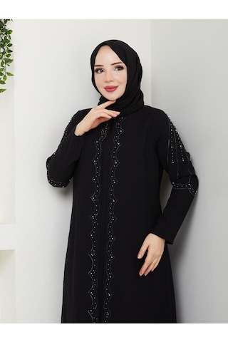 Eslemnur Yelpaze Taşlı Büyük Beden Anne Elbisesi Siyah