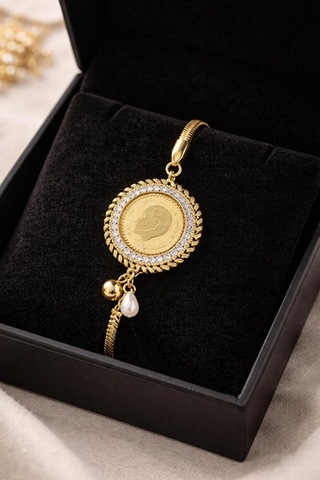 Çelik Lira Temalı Zirkon Gold Bileklik Gümüş + Altın
