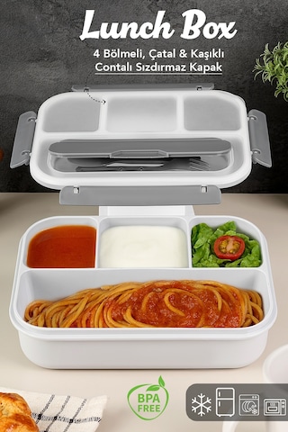 Sızdırmaz Contalı Yemek Kabı - 4 Bölmeli Çatal Kaşıklı Diyet Beslenme Kutusu Lunch Box Gri Gri