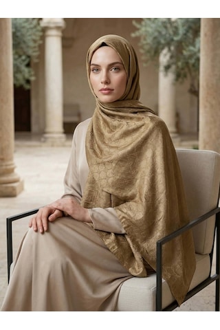 Camellia Scarfs İtalyan Jakar Şal Monogram Desen Sütlü Kahve - Lüks Stil