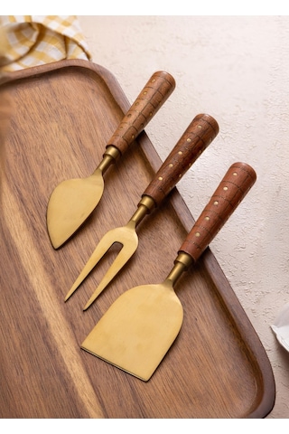 The Mia Wood Peynir Servis Takımı 3 Parça Gold