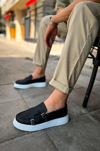 Roof Atelier Erkek Siyah Beyaz Kemer Tokalı Loafer Ayakkabı - 417 - Cbt Mancini Siyah