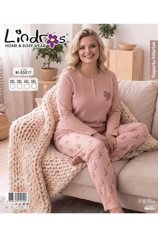 Boyraz Lindros Kadın Düğme Yaka Raporlu İnterlok Kışlık Battal Pijama Takımı 03017 - 1 Adet Pudra