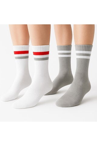 Erkek Spor Çorap 2 Li Set Pamuklu, Nefes Alan, Esnek Çizgili Model Gri Beyaz
