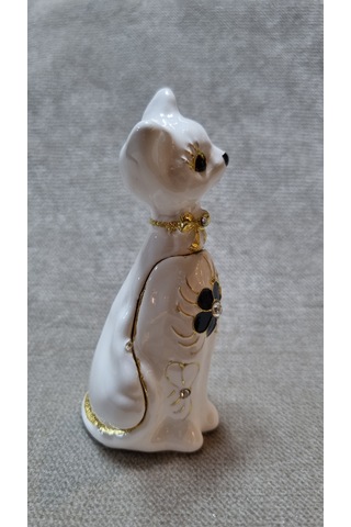 Zirkon Taşlı Emaye Beyaz Kedi Kutu Biblo 001