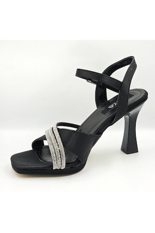 Asya 104070 Siyah Saten Taş Detaylı Platform Topuklu 8cm Kadın Abiye Sandalet Ayakkabı