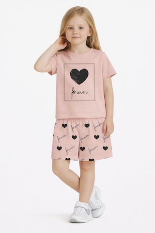 Name Baby & Kids Kız Çocuk Şortlu Yazlık Pijama Takımı Kalp Temalı Nbk-6146 Pembe