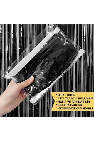 Siyah Renk Ekstra Metalize Parlak Saçaklı Arka Fon Perde İthal A Kalite 1x2 Metre +0