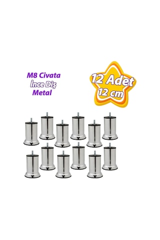 12 Adet Metal Destek Ayağı 12 Cm Krom Mobilya Kanepe Baza Koltuk Ünite Ayakları Metrik 8 Civatalı İnce Diş