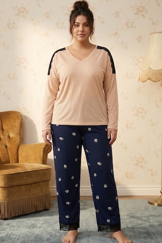 Siyah İnci Ten Rengi Büyük Beden Battal Boy Viskon Örme Pijama Takım 26224846