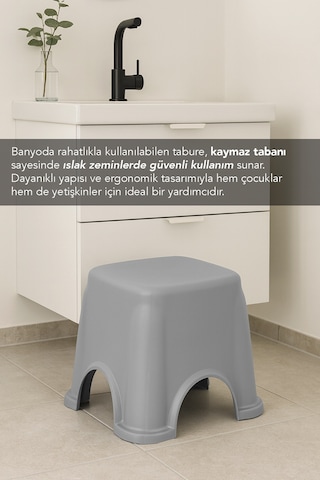 Kaymaz Banyo Taburesi - Kaydırmaz Tabanlı Çok Amaçlı Tabure 250 Kg Taşıma Kapasiteli Gri